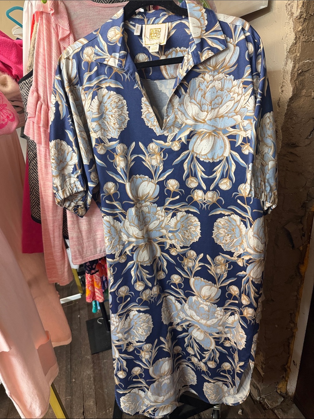 Floral Collared Midi Dress in Navy and Cream